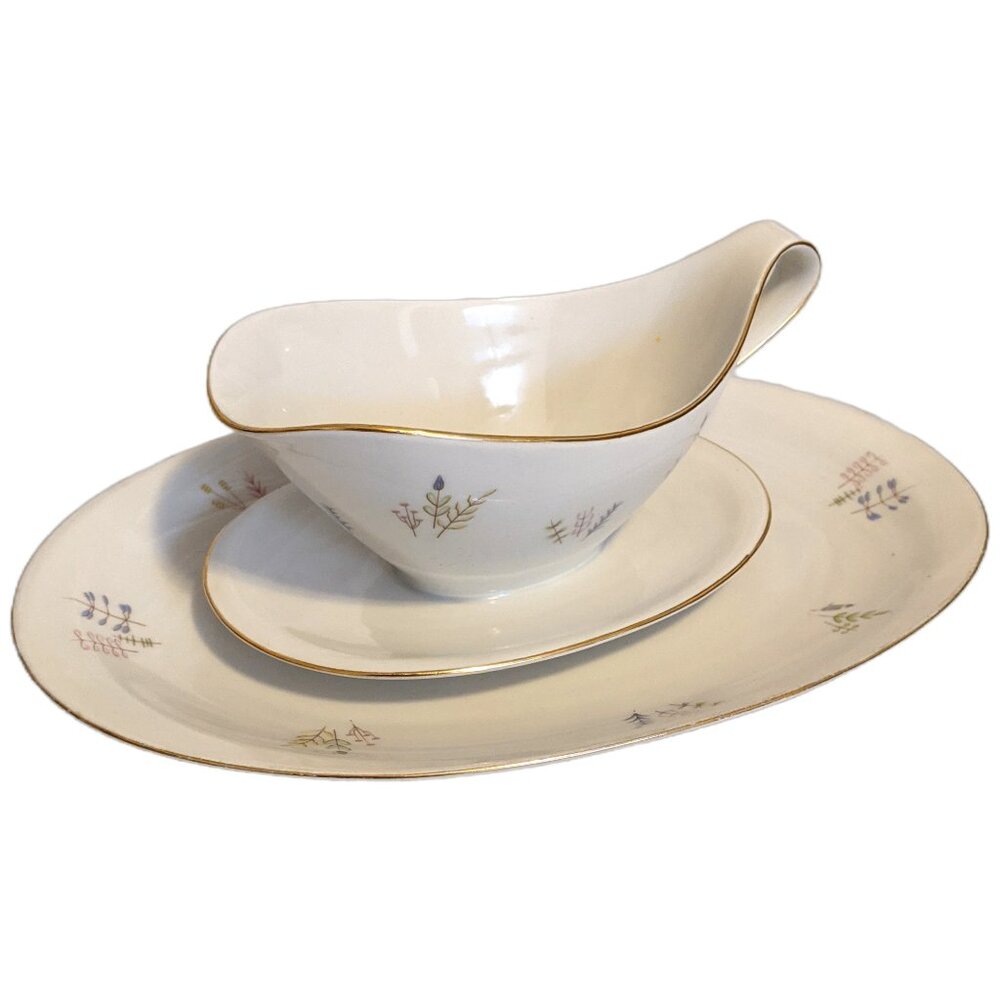 Vintage Signed Rheinpfalz Gravy Boat MCM Pastel Pattern White Fine China Dining